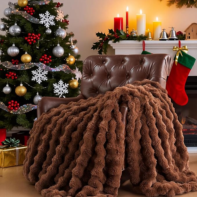 Lotus Karen Faux Fur Throw Blanket Dark Coffee - Big Bubble Rabbit Fluff Blanket for Couch Bed Sofa,Softest Fluffy Fuzzy Cozy Blanket,Thick Furry Plush Shaggy Warm Blankets for Women,90x90 Inches