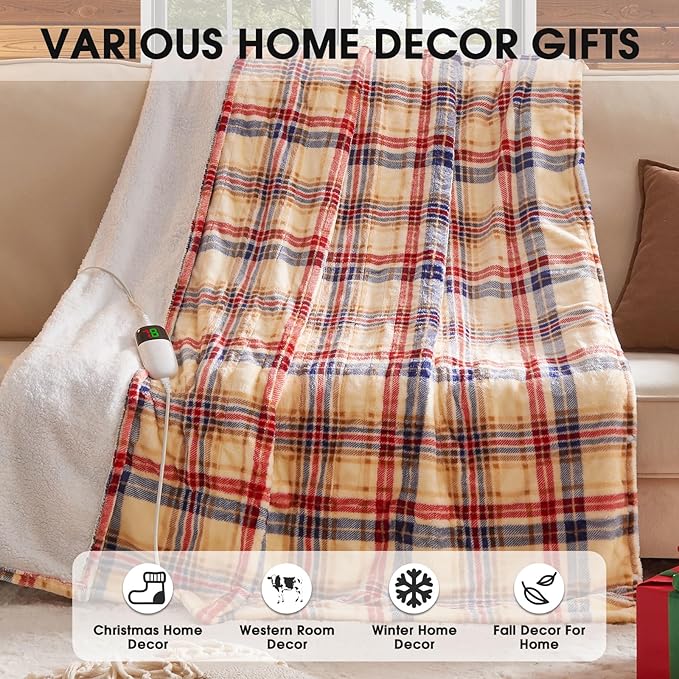 OCTROT Brown Heated Blanket Electric Throw, 50X60 Heating Throw with 10 Heating Levels & 8 Hours Auto Off, Plaid Sherpa Blanket Warmer for Adults, Farmhouse Home Decor for Couch for Mom