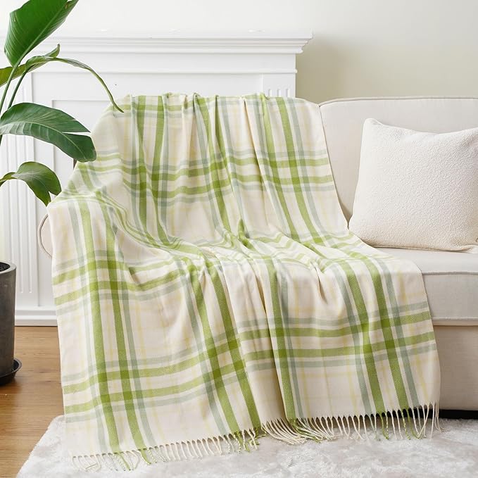BATTILO HOME Spring Summer Plaid Throw Blanket for Couch Bed, Decorative White Green Stripe Blanket Throw Farmhouse Throw Blankets, Buffalo Checkered Plaid Blankets and Throws for Home Decor