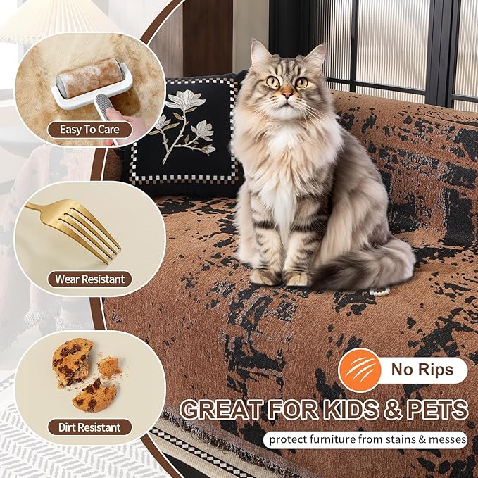 HANDONTIME Abstract Couch Cover for Dogs Brown and Black Couch Cover Blanket for 3 Cushion Sofa Modern Aesthetics Sofa Covers Washable Pet Friendly Chenille Pet Protector Furniture Covers, 71" X 134"