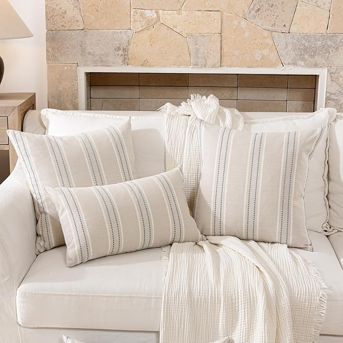 Hckot Throw Pillow Covers 20x20 Set of 2 Blue Pillow Covers Farmhouse Decorative Pillows Textured Linen Square Cushion Covers for Sofa Couch Bed Living Room Decor(Dusty Blue)