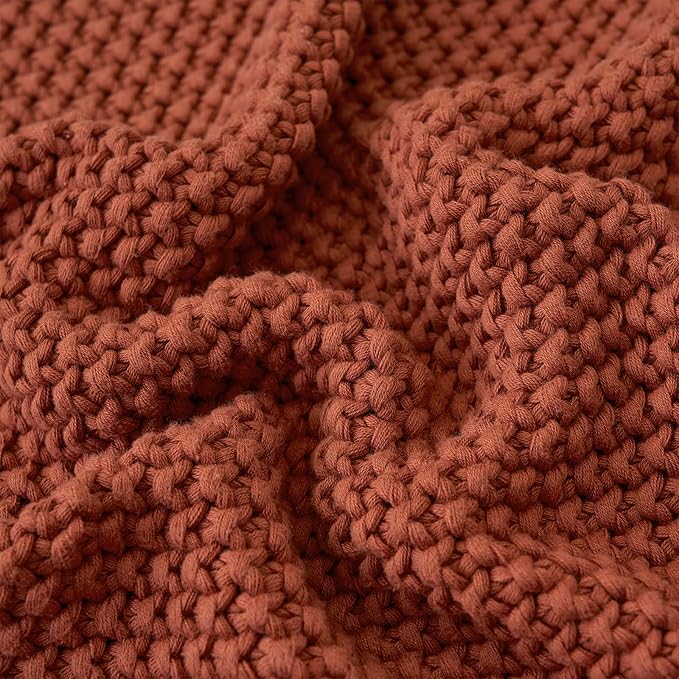 Chunky Cable Knit Throw Blanket Lightweight Rust 100% Organic Cotton Blanket for Sofa Couch Bed Baby Nursery, Rustic Shabby Chic Modern Farmhouse, 60” x 80” Give Laundering Bag