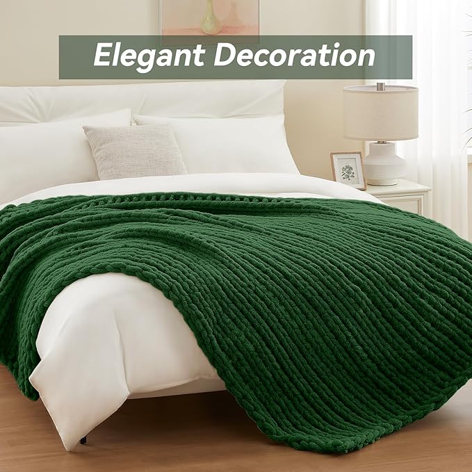 Chunky Knit Throw Blanket, 80''*90'' Knitted Throw Chenille Yarn for Bed Couch, Handmade Grass Green Crochet Big Thick Blanket, Machine Washable Cute Comfy Blanket for Home Decor