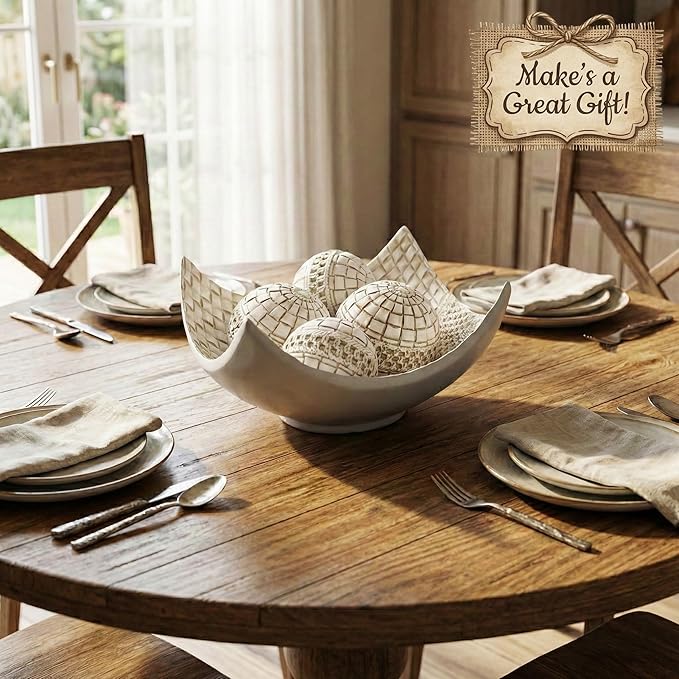 Seraphic 5pc Scoop Bowl Table Centerpieces for Dining Room, Large Decorative Bowls for Coffee Table Decor, Kitchen, Orbs/Balls Included, 14" diagonal. 11" wide and 5.75" tall, White