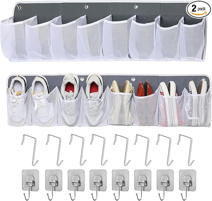 Rv Shoe Storage Solutions, 2 Pcs Hanging Shoe Organizer for Bedside, 16 Extra Large Pocket with Sturdy Hooks And Sticky Hook, Space Organization for Rv Campers More Than Just Shoes (White)