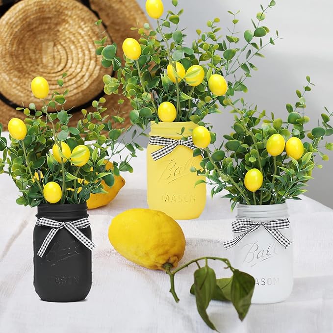 Lemon Mason Jars Centerpiece for Table, Wood Tray with 3 Painted Jars, Dining Coffee Table Centerpiece For Kitchen, Living Room, Spring & Summer Home Decor with Lemon