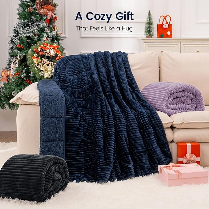Sherpa Fleece Weighted Blanket with Ribbed Stripes for Adults, 15 lbs Dual Sided Cozy Warm Blanket for Couch Full Size Bed, Glass Beads Heavy Thick Blankets Great for Sleep, Navy Blue, 60" x 80"