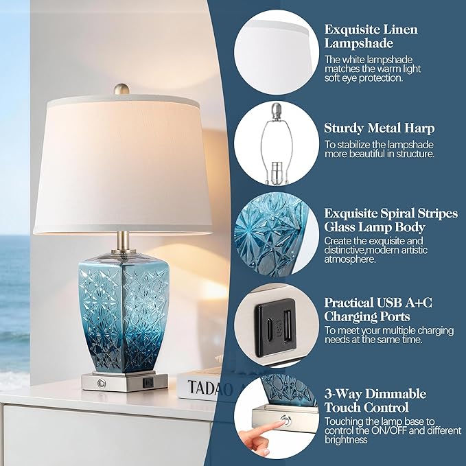 QiMH Glass Table Lamps for Living Room, Modern Bedside Lamps for Night Stands with USB A+C Ports, 3-Way Dimmable Touch Lamp for Bedroom Set of 2 with White Linen Shade Home Decor, Blue