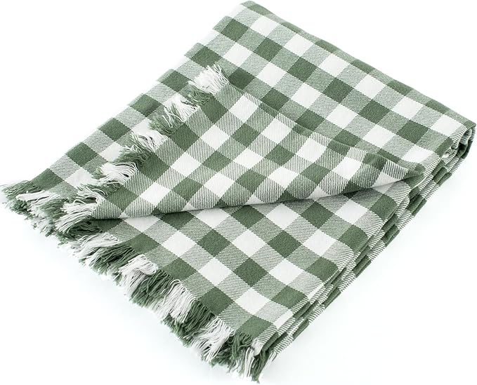 100% Cotton Throw Blanket Plaid Soft Lightweight Cozy Farmhouse Tassels Summer Thin Breathable Throws for Couch Sofa Bed (60" × 80" Green)