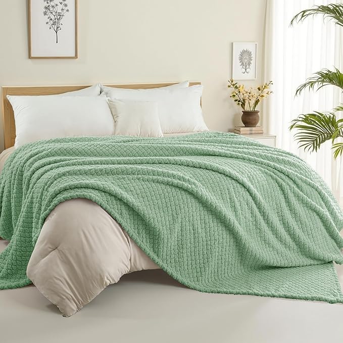 Exclusivo Mezcla Queen Size Fleece Blanket for Bed, Extra Soft Warm Decorative Fuzzy Blanket for Women, Lightweight Cozy Bedding Blankets, 90x90 Inches, Sage Green
