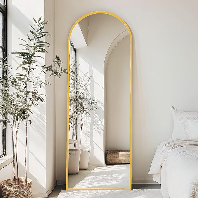 NEWBULIG Arched Full Length Mirror 24"x 65" for Bedroom, Full Body Mirror with Stand, Hanging or Leaning for Wall, Aluminum Alloy Thin Frame Floor Standing for Living Room, Long, Gold