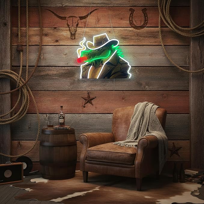 Cowboy Alligator Neon Sign for Wall Decor, Western Dimmable LED Wall Light for Man Cave, Bar, Pub, Game Room, or Garage, Cool Art Gift for Men, 15.5 x 13.5 inch
