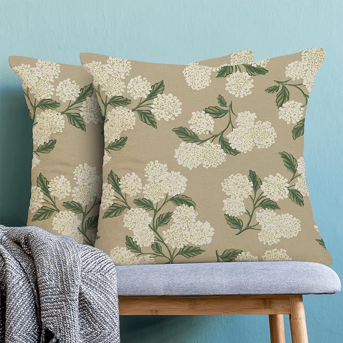 AEIOAE Spring Pillow Covers 24x24 Inch Set of 2, Beige Green Hydrangea Flower Throw Pillows Case,Floral Summer Outdoor Seasonal Decorative Farmhouse Decor Cushion Covers for Home Sofa Bed Couch