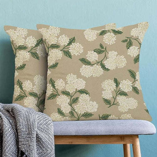 AEIOAE Spring Pillow Covers 18x18 Inch Set of 2, Beige Green Hydrangea Flower Throw Pillows Case,Floral Summer Outdoor Seasonal Decorative Farmhouse Decor Cushion Covers for Home Sofa Bed Couch