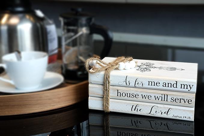 LIVDUCOT As for Me and My House We Will Serve the Lord Decor - Farmhouse Rustic Wood Decorative Books Stack for Home Coffee Table Living Room - Faux Books for Fireplace Mantle Bible Verses Decoration