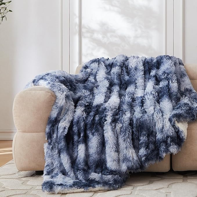 COOVA Ultra Soft Faux Fur Throw Blanket – Fuzzy Fluffy Cozy Microfiber Blankets, Warm Thick Plush Sherpa Fleece Throw Blanket for Couch,Bed,Sofa,Ideal Gift for Women.(Tie Dye Blue, 50"x60")