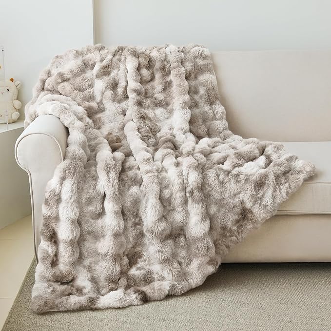 Faux Rabbit Fur Throw Blanket for Couch, Fluffy Warm Plush Thick Bubble Blanket for Bed Sofa Living Room, Soft Cozy Furry Blanket, 50x60 inches, Tie-dye Khaki
