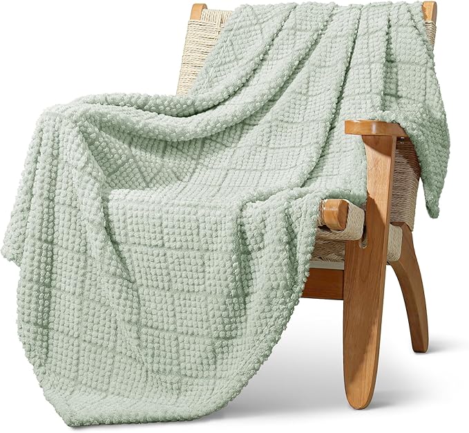 Whale Flotilla Fuzzy Fleece Throw Blanket for Couch, Bed, Soft Fluffy Jacquard Waffle Blankets for All Season, Lightweight and Warm, 50x60 Inch, Sage Green