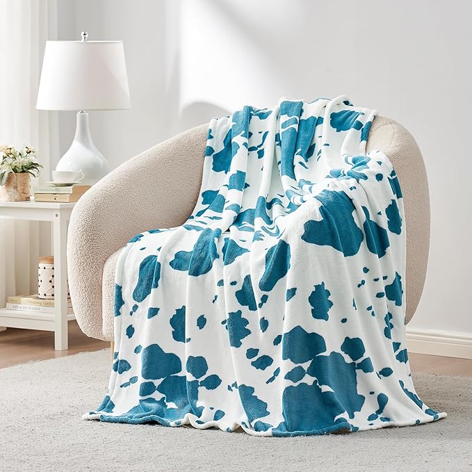 Cozy Bliss Cow Print Fuzzy Throw Blanket for Couch - Thick Soft Warm Non Shedding Fleece Blankets for Western Décor Room, for Kids, Women Men Girls, Teal Blue 50"*60"