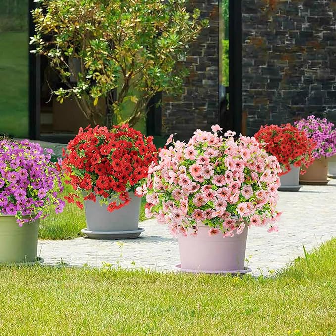 Artificial Flowers Outdoor Faux Plants UV Resistant Fake Patio Flowers Plastic Greenery Plnats Outside Bulk for Spring Garden Hanging Planter Home Vase Decor, 12 Bundles (Pink)