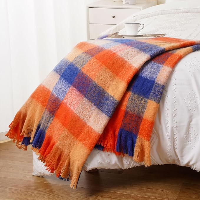 BATTILO Fall Orange Plaid Throw Blanket for Couch, Colorful Mohair Tartan Plaid Blanket, Farmhouse Style Throw Blankets for Fall Home Decor(50"x60")