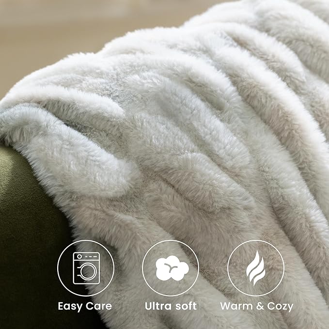 Ultra Soft Faux Rabbit Fur Throw Blanket, Cozy Fuzzy Blanket for Couch Bed, Plush Warm Decor, Luxury Thick Fluffy Blanket for Women,50x60 inches, Tie-Dyed in White and Gray