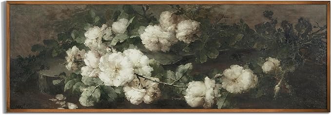 Vintage Farmhouse French Country Bedroom Wall Decor Above Bed - 10x30" - Horizontal Wall Art Over the Bed - Panoramic Landscape Picture Sign - Canvas Oil Painting Long Narrow White Flower Print Poster