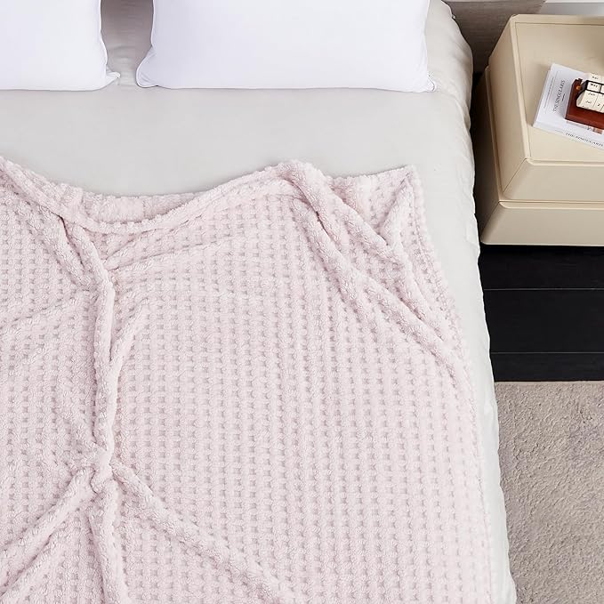 Soft Cozy Fuzzy Fleece Queen Size Blanket, Waffle Light Pink, 90x90 Inches – Lightweight, Fluffy, and Warm 3D Jacquard All-Season Blanket for Bed, Couch, Sofa, Camping, and Travel