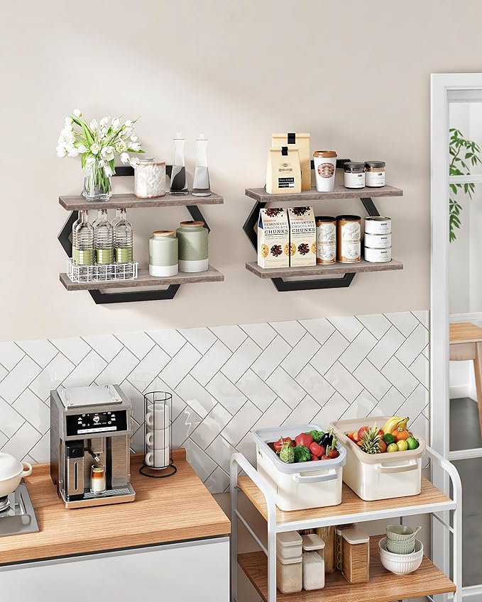 Hexagon Floating Shelves for Wall, Set of 2, 2 -Tier Hanging Shelves, Wall Mounted Storage Shelves, for Living Room, Bedroom, Kitchen, Home Office, Study, Greige TBJ06P2BG