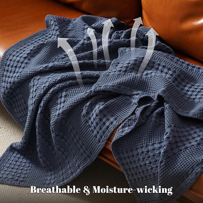 PHF 100% Cotton Waffle Weave Blanket King Size for Bed, Soft Lightweight & Breathable for Spring and Summer, All-Season Comfort, Luxury Aesthetic Blanket for Home Decor, 108"x90", Indigo