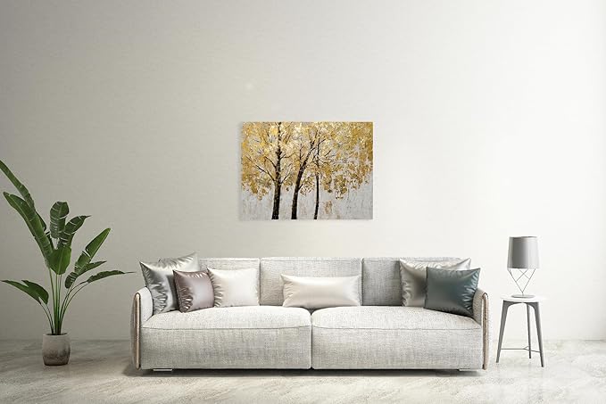 Yihui Arts Tree Painting with Gold Foil - Hand Painted Landscape Canvas Wall Art for Farmhouse Living Room, Bedroom, and Bathroom Decor