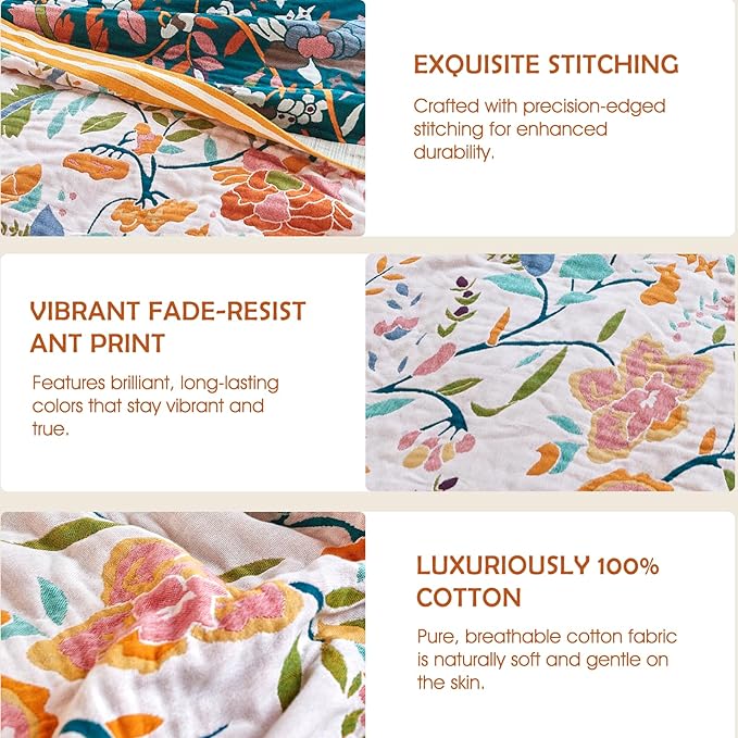 Boho Throw Blanket - 90"x108" 100% Cotton Ultra Soft Lightweight Blanket, 4-Layer Breathable Muslin Spring Blankets for Bed Couch, Reversible Green Floral Printed Bohemian Cotton Quilt