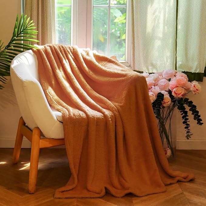 Plush Fleece Throw Blanket for Couch and Bed, Fluffy Fuzzy Cozy Queen-Size Soft Blankets All Season Use (60x80 Inches,Burnt Orange)