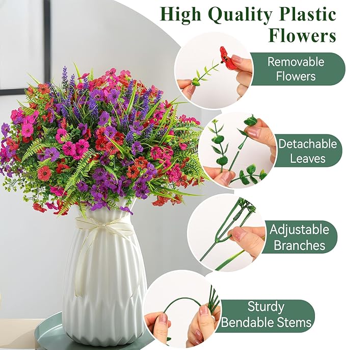 Alupssuc 36 Bundles Artificial Flowers for Outdoors Spring Planters Decoration, UV Resistant Faux Eucalyptus Violet and Lavender Silk Fake Plants for Outside Indoor Yard Home Patio Decor, Mix 3 Colors