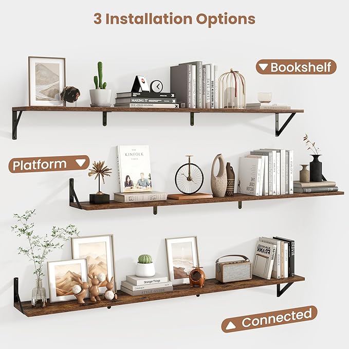 Axeman 55 Inch Floating Shelves | 8 Inch Deep Brown Wall Shelves Set of 2 | 55" W x 8" D Rustic Brown Wood Shelves for Bathroom Kitchen Living Room