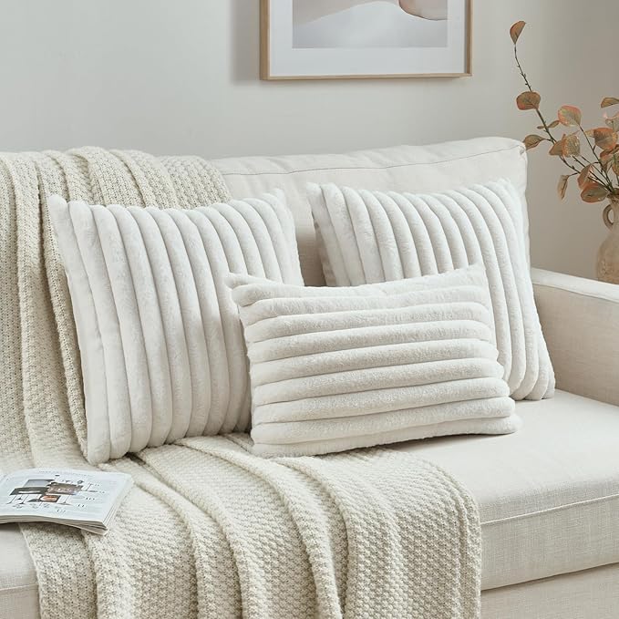 FUTEI Cream White Decorative Throw Pillow Covers Set of 2, 12x20 Inch Soft Fluffy Faux Fur Plush Striped Lumbar Pillowcases, Modern Home Decor for Couch Bed Living Room