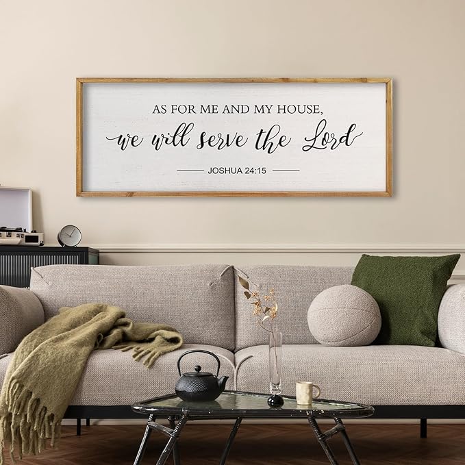 comurdyo Christian Wall Art As For Me And My House We Will Serve The Lord Joshua 24:15 Bible Verse Sign 32×12 Inch Scripture Plaque for Bedroom Above Bed Large Wood Framed Wall Decor (Wood)
