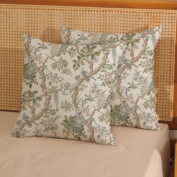 Green Floral Bird Pillow Covers 16x16 Set of 2 Chinoiserie Throw Pillows Green Vintage Flowers Bird Decorative Pillow Cases Outdoor Chinoiserie Decor Farmhouse Cushion Case for Couch Sofa