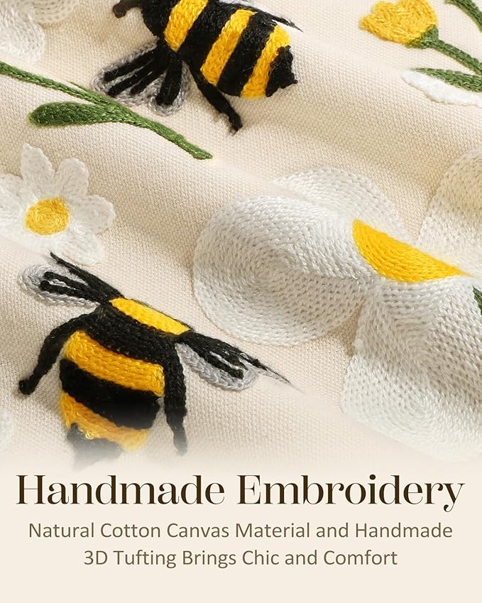 Embroidered Throw Pillow Cover 18x18 Inch - Spring Summer Boho Decorative Pillow Cover with Zipper for Living Room Couch Sofa Bed Aesthetic Design Flower Bee Cushion Pillowcase