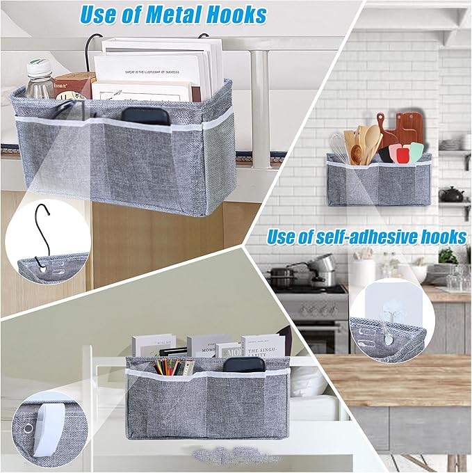 Bedside Caddy Bedside Storage Organizer, 2 Pack Wall Hanging Storage Bag for Bunk bed Hospital Beds Dorm Bed Rails, Holders Books Glasses Phones Magazine(Grey)