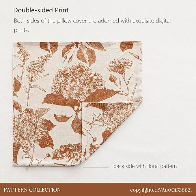 Foindtower Set of 2 Linen Floral Throw Pillow Covers Vintage Accent Print Decorative Cozy Cushion Covers Farmhouse Boho Home Decor for Sofa Chair Couch Bedroom Living Room,22×22 Inch,Autumn Orange