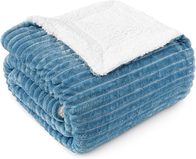 PAVILIA Dusty Blue Sherpa Fleece Throw Blanket for Couch Twin, Soft Plush Fuzzy Blankets, Fluffy Flannel Sherpa Blanket for Bed, Warm 3D Ribbed Winter Blanket Gift, 60x80 inches
