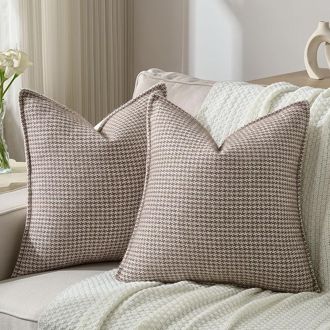 FUTEI Coffee Decorative Throw Pillow Covers 26x26 Inch Set of 2,Soft Houndstooth Gingham Textured Euro Pillow Sham,Modern Home Decor for Couch Bed Living Room