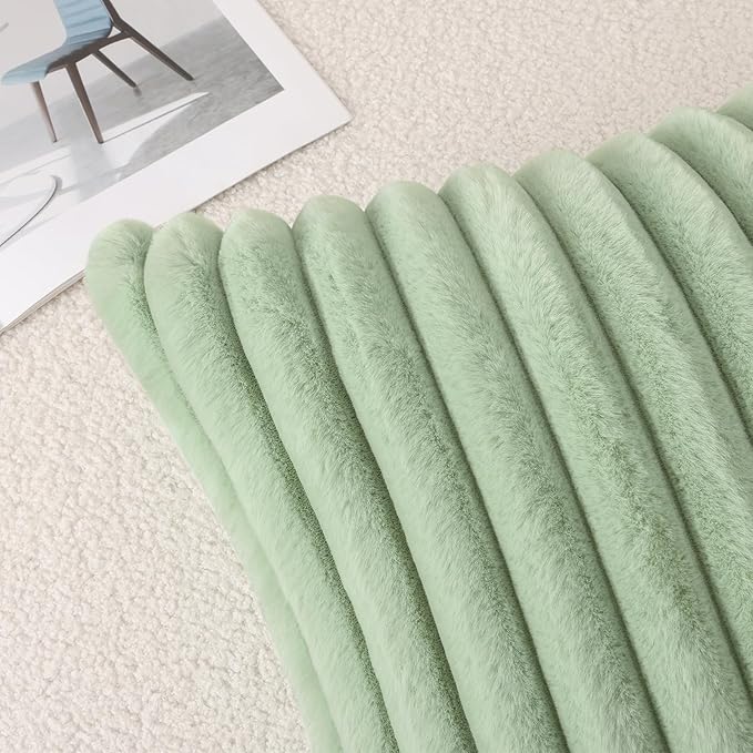 Pallene Faux Fur Plush Spring Throw Pillow Covers 24x24 Set of 2, Luxury Soft Fluffy Striped Decorative Pillow Covers for Sofa, Couch, Living Room, Sage Green