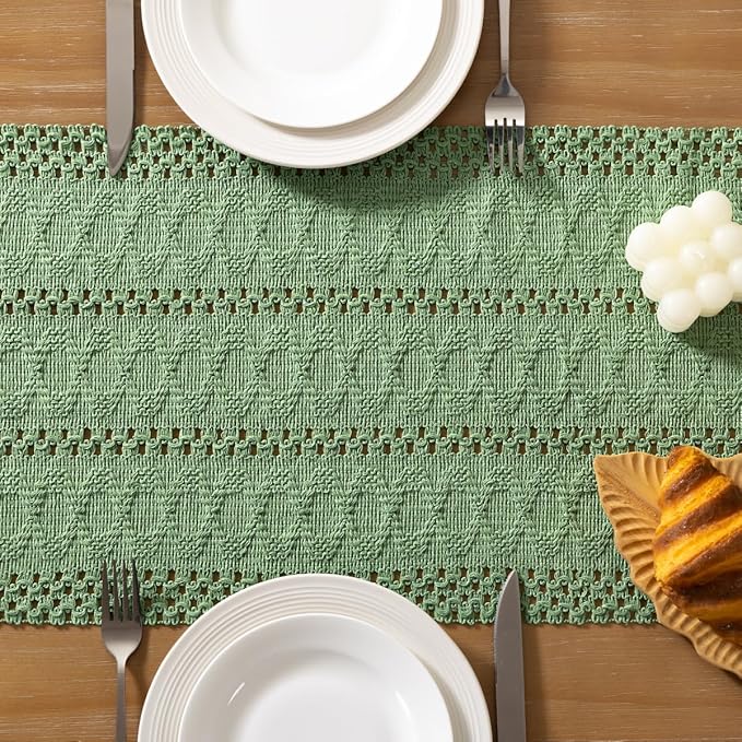 Socomi Sage Green Boho Table Runner Macrame Long Easter Spring Farmhouse Woven Cotton Linen Rustic Coffee Table Runner with Tassels for Dresser Scarf Home Decor Dining Room 12x108 inch