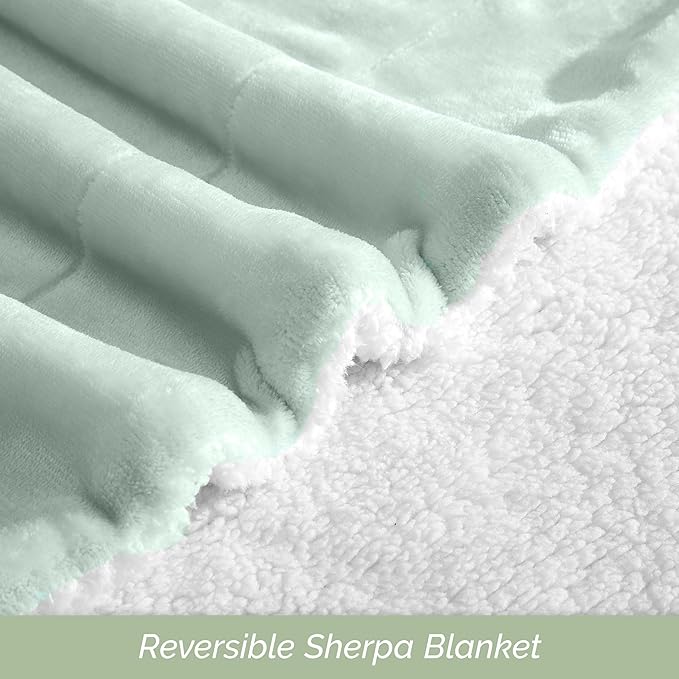 Elegant Comfort Ultra Soft Reversible Flannel Sherpa Blanket - Cozy Silky Fleece Throw for Couch, Bed - Plush Fuzzy Warm Winter Blanket for Gift, Full, Mint Green