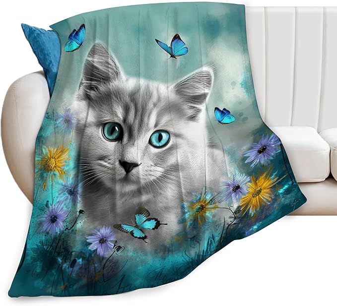 Cute Cat with Blue Butterfly Throw Blanket - Ultra Soft Cozy Fleece Kitten Blanket for Girls, Women & Kids - 40"x50" Cat Lover Gifts