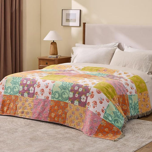 100% Cotton Boho Throw Blanket for Home Decor – Classic Farmhouse Quilt Bedding, Muslin Blankets for Adults, Vintage Woven Decorative Blanket for Couch, Bed Layering Use, Patchwork, 104"x90"