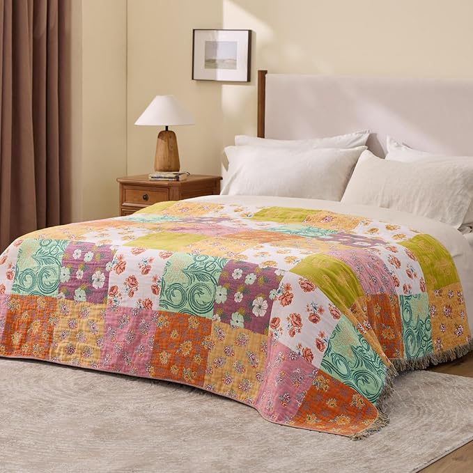 100% Cotton Boho Throw Blanket for Home Decor – Classic Farmhouse Quilt Bedding, Muslin Blankets for Adults, Vintage Woven Decorative Blanket for Couch, Bed Layering Use, Patchwork, 60"x80"