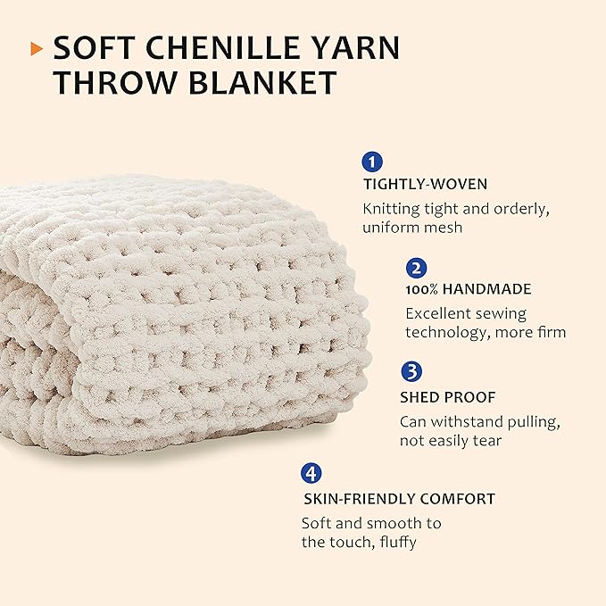 L'AGRATY Chunky Knit Blanket Throw: 80''x90'' Chenille Chunky Knitted Throw Blanket for Bed Couch - Handmade Thick Big Cable Knit Blanket - Large Chunky Crochet Rope Blanket for Home Decor(Ivory)